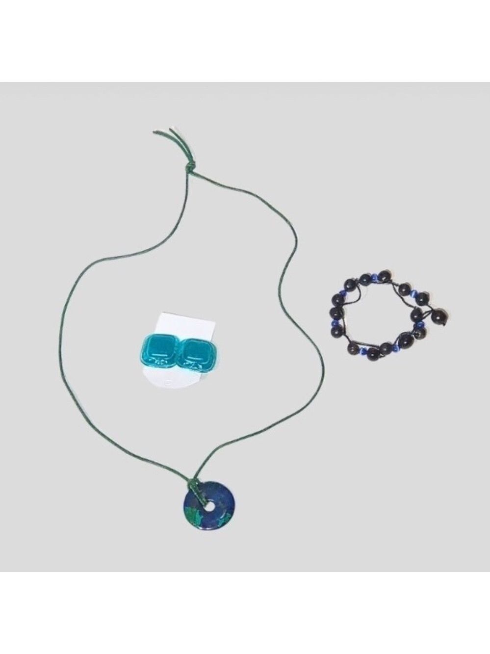 Jewelry Set Blue Stone Necklace Bracelet Clip On Earrings